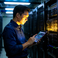 PG娱乐技术总监在数据中心检查服务器运行状态的职业形象照