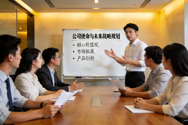 PG娱乐团队在会议室讨论公司使命与未来战略规划的场景