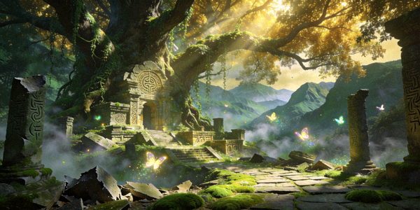奇幻冒险游戏场景，展示神秘森林与古代遗迹