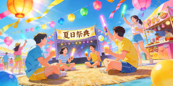 夏日庆典活动场景，展示节日装饰与玩家聚会